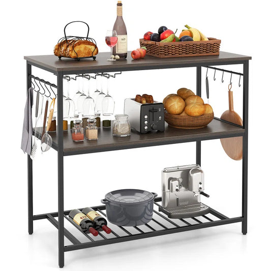 Kitchen Racks: 3 Shelves, Ten Hooks, and Wine Glass Holders on a Kitchen Island