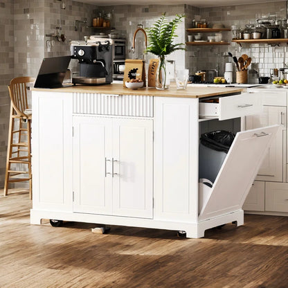 Kitchen Island Table: Tilt-Out Trash Cabinet with Charging Station & Storage Drawers
