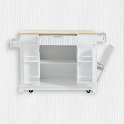 Kitchen Island Table: Tilt-Out Trash Cabinet with Charging Station & Storage Drawers