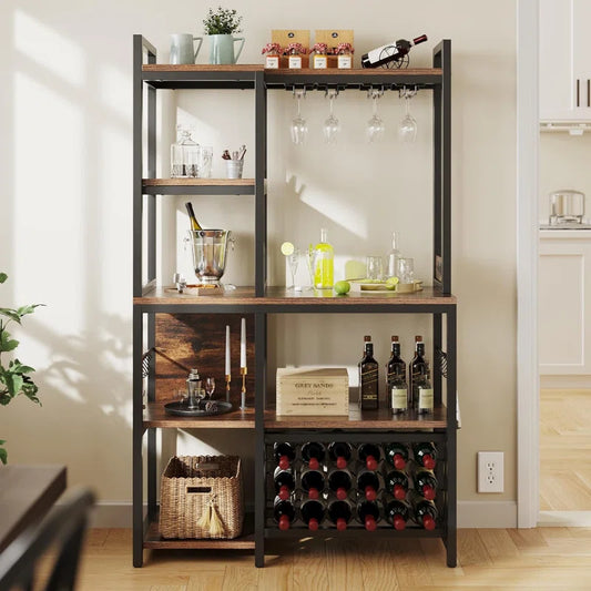 Kitchen Racks: Modern Rustic Bar Stand with Open Shelving, Wine Storage, and Glass Rack