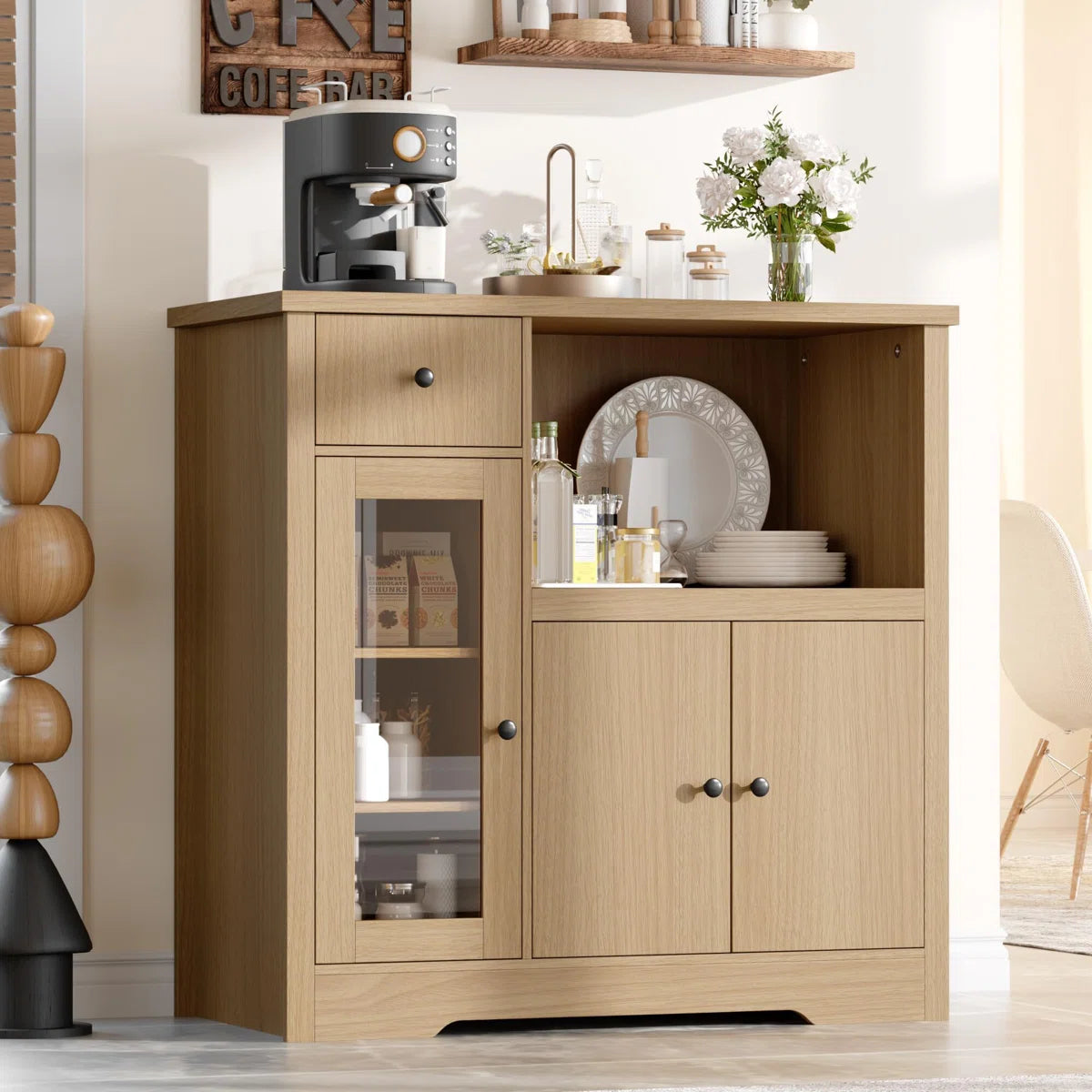 Microwave Stands: Kitchen Microwave Cabinet with 3 Doors, 1 Drawer & Adjustable Shelves – Buffet Sideboard Storage