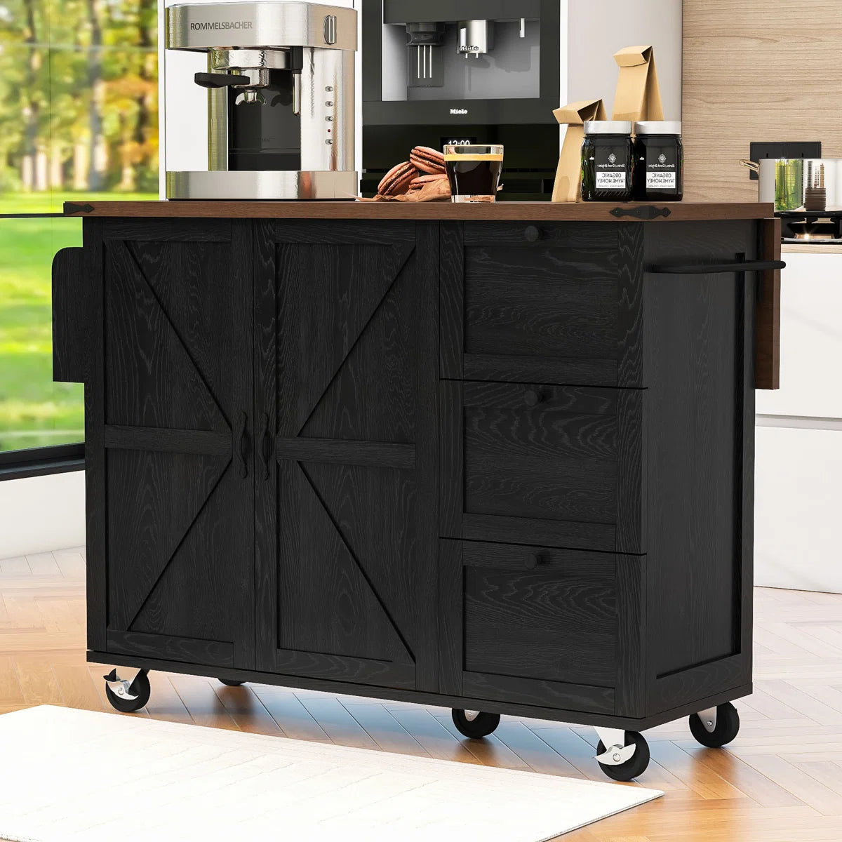 Kitchen Island Table: 54.2” Wide Rustic Kitchen Cart with X Barn Doors, Drop Leaf & Charging Station