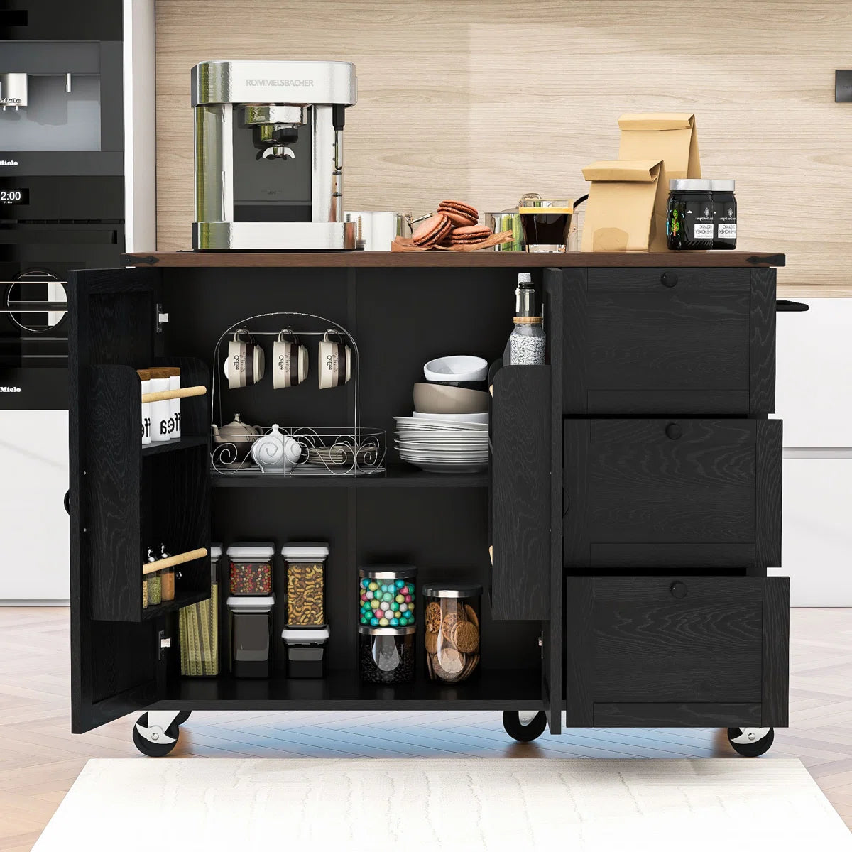 Kitchen Island Table: 54.2” Wide Rustic Kitchen Cart with X Barn Doors, Drop Leaf & Charging Station