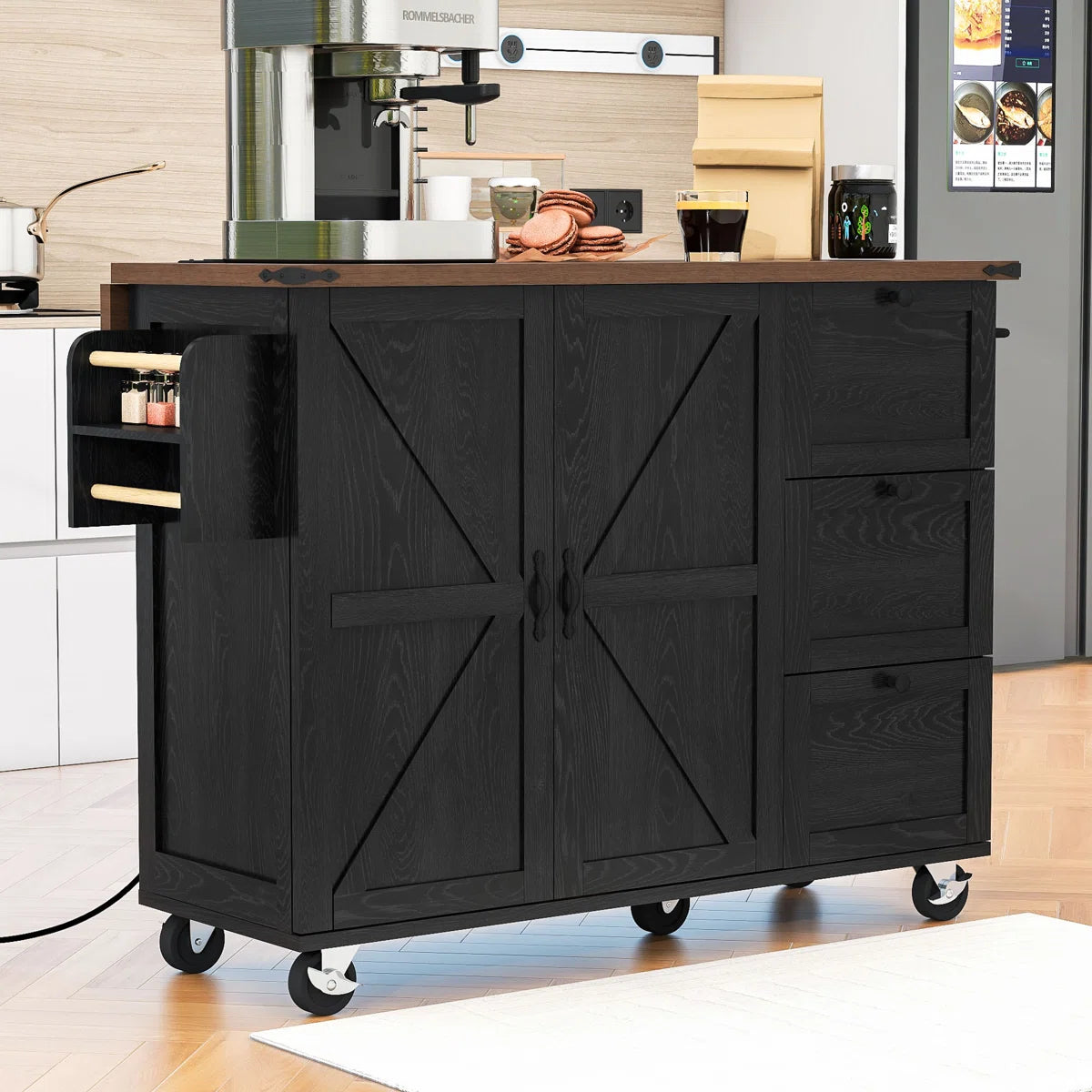 Kitchen Island Table: 54.2” Wide Rustic Kitchen Cart with X Barn Doors, Drop Leaf & Charging Station