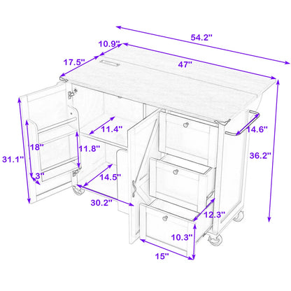 Kitchen Island Table: 54.2” Wide Rustic Kitchen Cart with X Barn Doors, Drop Leaf & Charging Station