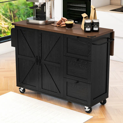 Kitchen Island Table: 54.2” Wide Rustic Kitchen Cart with X Barn Doors, Drop Leaf & Charging Station
