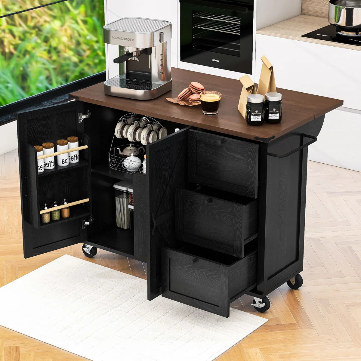 Kitchen Island Table: 54.2” Wide Rustic Kitchen Cart with X Barn Doors, Drop Leaf & Charging Station