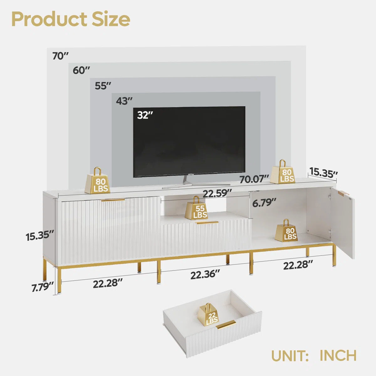 tv panel: 70" fluted TV stand fits 75" TVs, glossy finish, wave design