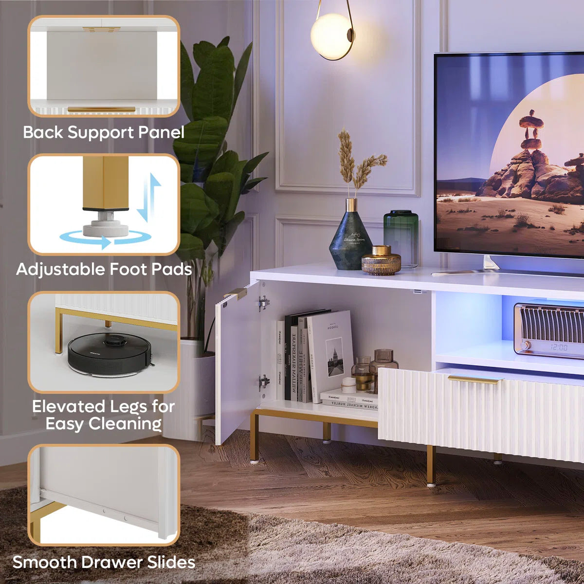 tv panel: 70" fluted TV stand fits 75" TVs, glossy finish, wave design