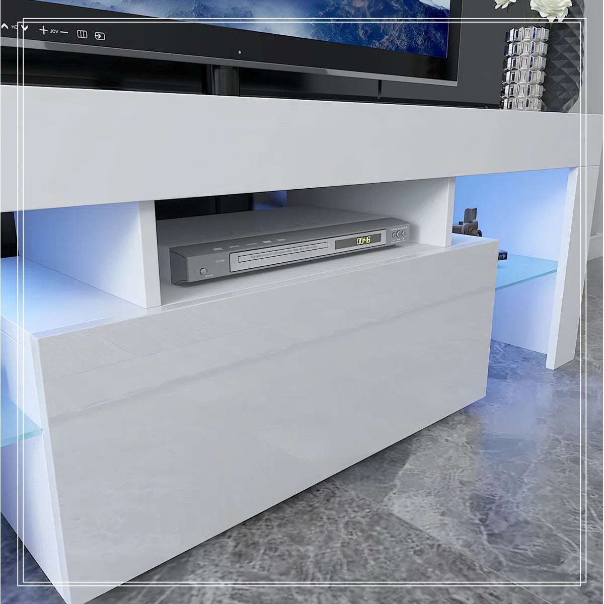 tv panel: LED tv panel for up to 55", modern console with flip door and glass shelf