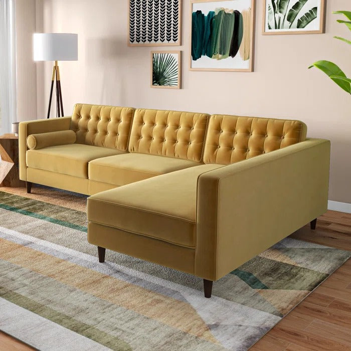L Shape Sofa Set: Sectional is Upholstered in Tufted Velvet