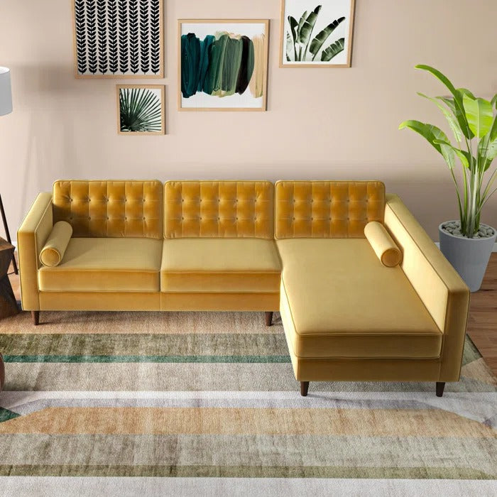 L Shape Sofa Set: Sectional is Upholstered in Tufted Velvet