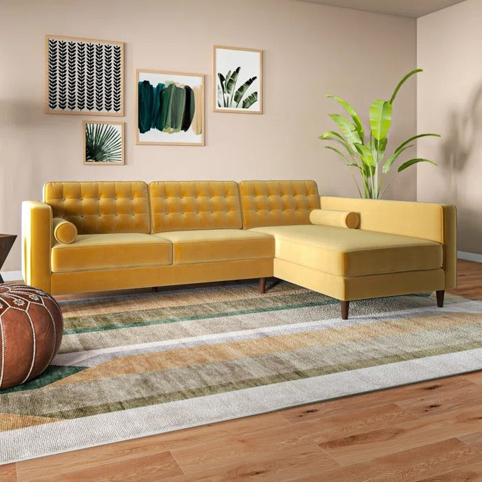 L Shape Sofa Set: Sectional is Upholstered in Tufted Velvet