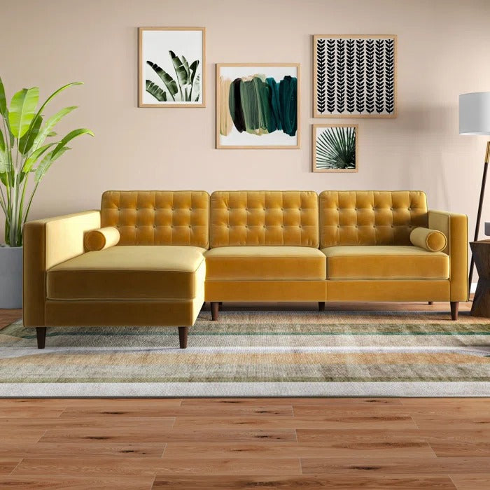 L Shape Sofa Set: Sectional is Upholstered in Tufted Velvet