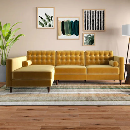 L Shape Sofa Set: Sectional is Upholstered in Tufted Velvet