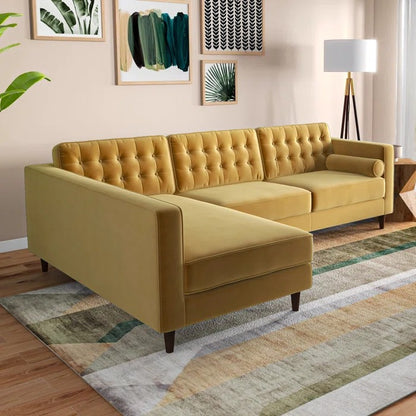 L Shape Sofa Set: Sectional is Upholstered in Tufted Velvet