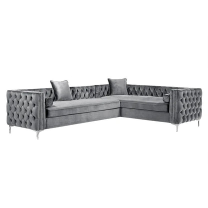 L Shape Sofa Set: Velvet Tufted Metal Y-Leg Left Facing Corner Sectional Sofa