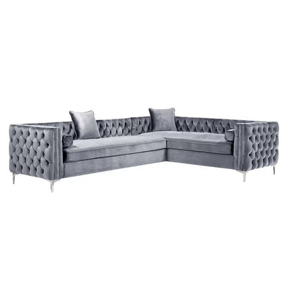 L Shape Sofa Set: Velvet Tufted Metal Y-Leg Left Facing Corner Sectional Sofa