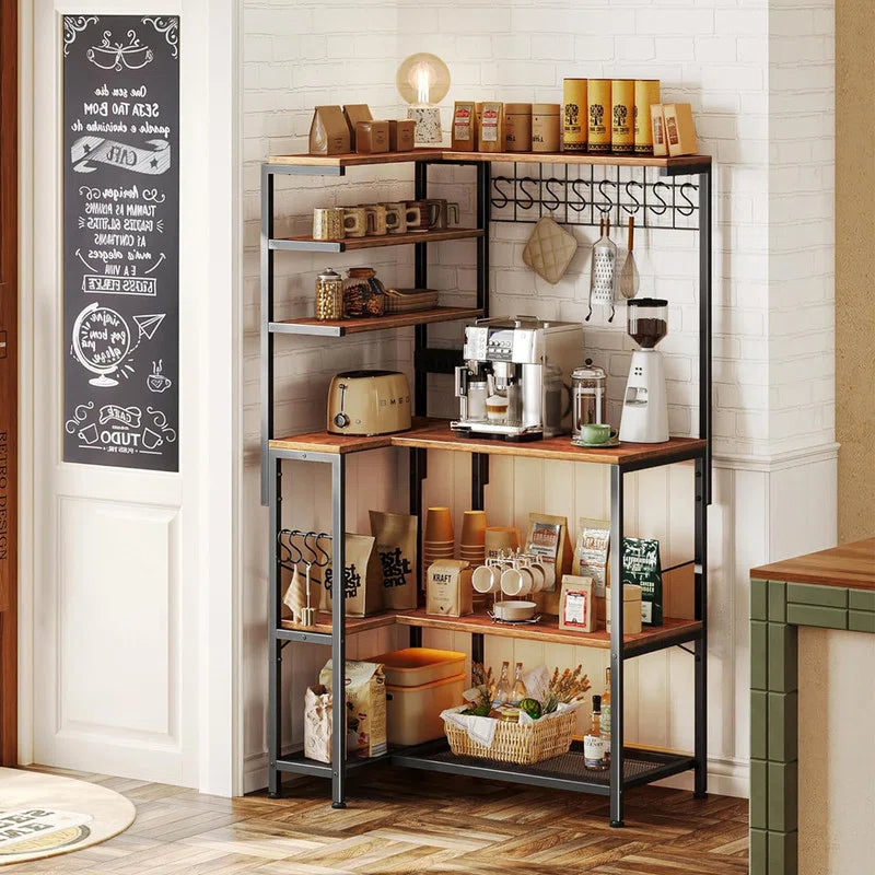 Kitchen Racks: L-shaped 6-tier baker’s rack with power outlet and microwave storage for corner kitchens