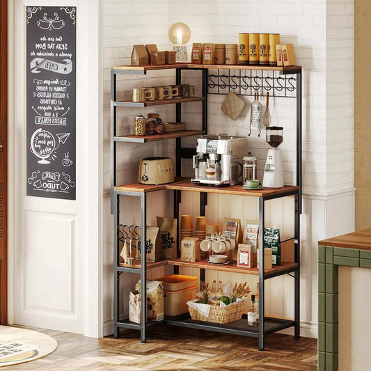 Kitchen Racks: L-shaped 6-tier baker’s rack with power outlet and microwave storage for corner kitchens