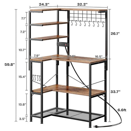 Kitchen Racks: L-shaped 6-tier baker’s rack with power outlet and microwave storage for corner kitchens