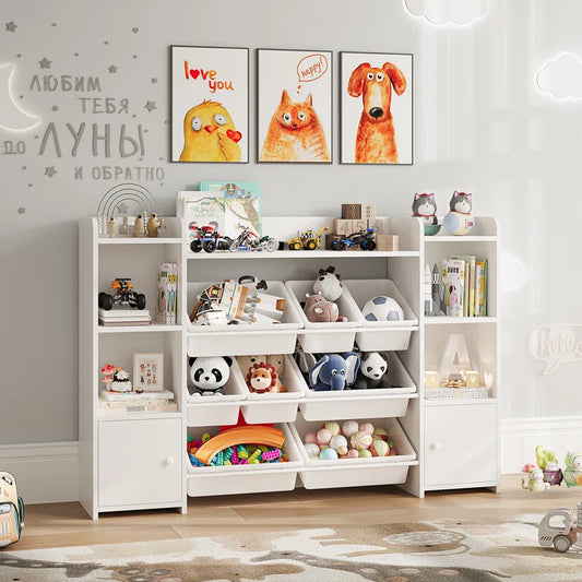 Kids Toy Storage Unit: 54'' Wide Engineered Wood Toy Organiser with Shelves, Cabinets & Bins