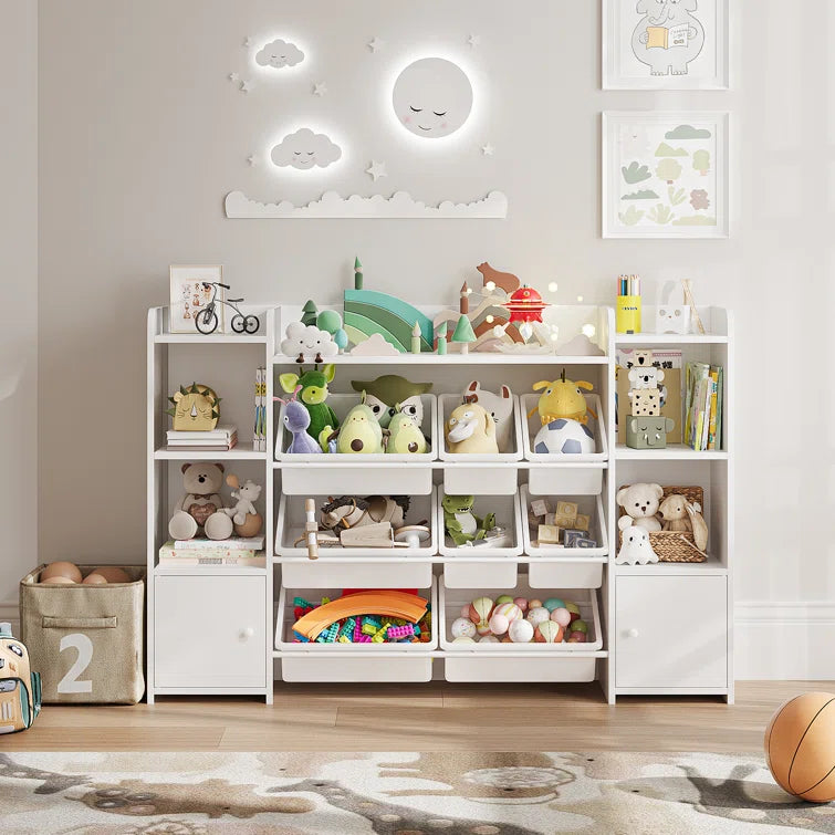 Kids Toy Storage Unit: 54'' Wide Engineered Wood Toy Organiser with Shelves, Cabinets & Bins
