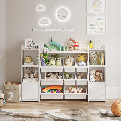 Kids Toy Storage Unit: 54'' Wide Engineered Wood Toy Organiser with Shelves, Cabinets & Bins