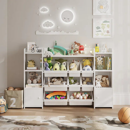 Kids Toy Storage Unit: 54'' Wide Engineered Wood Toy Organiser with Shelves, Cabinets & Bins