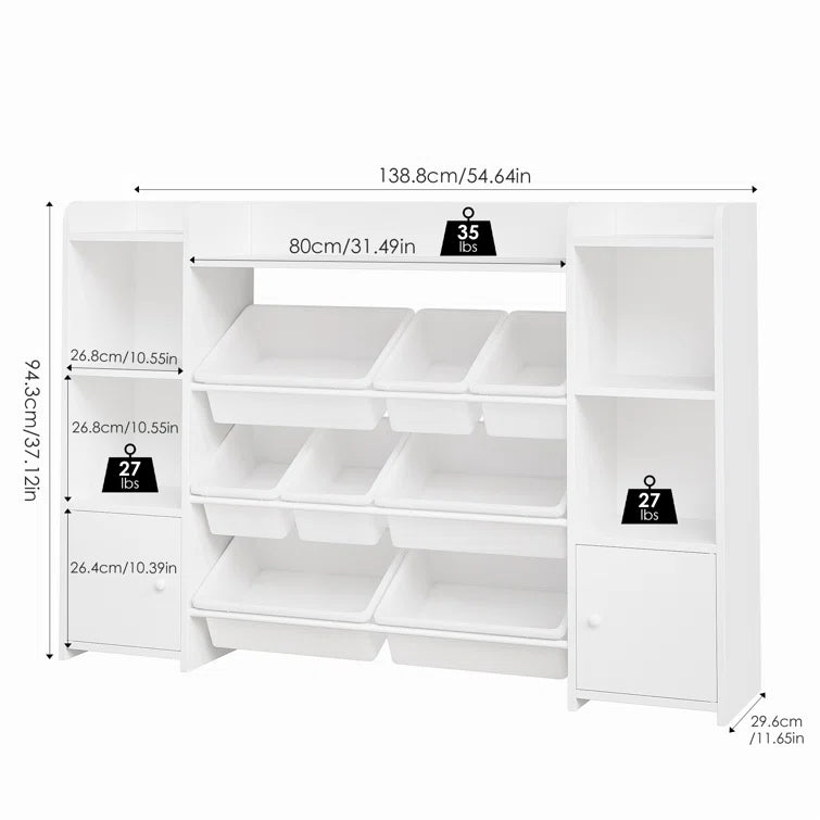 Kids Toy Storage Unit: 54'' Wide Engineered Wood Toy Organiser with Shelves, Cabinets & Bins