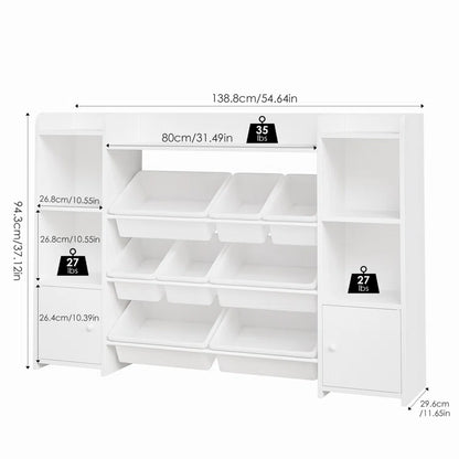 Kids Toy Storage Unit: 54'' Wide Engineered Wood Toy Organiser with Shelves, Cabinets & Bins
