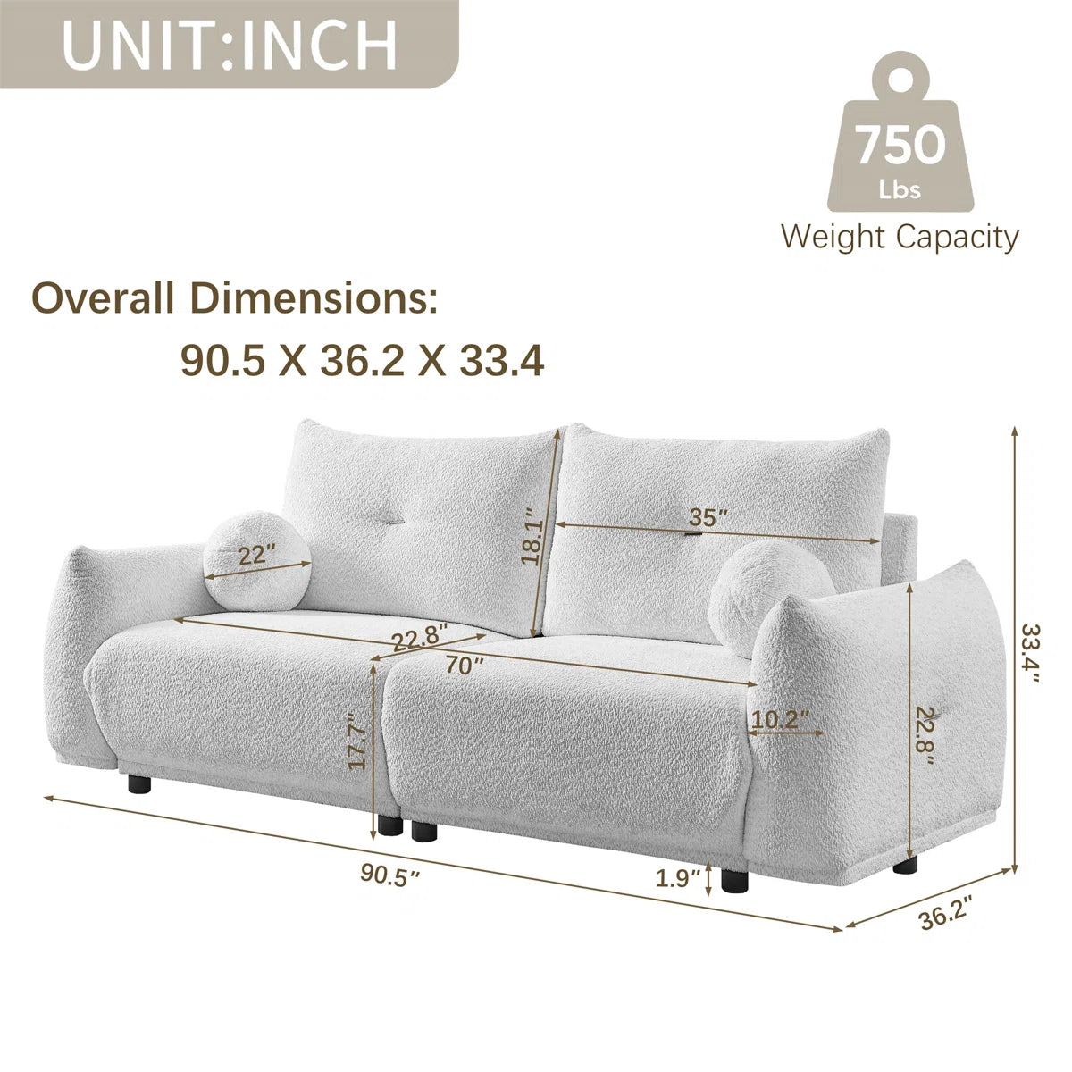 7 Seater Sofa Set: 90" 2-Seater Cushion Sofa with Ball Pillows