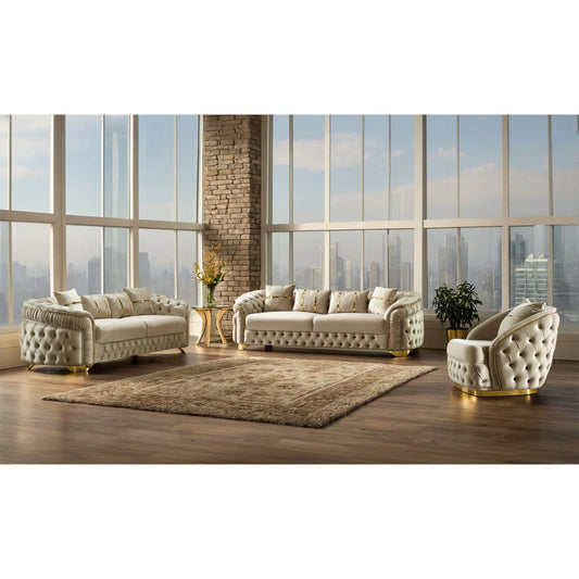 Luxury Sofa Sets: 3-Piece Turkish Velvet Sofa Set with Gold Legs & Accent Chair – Cream Finish