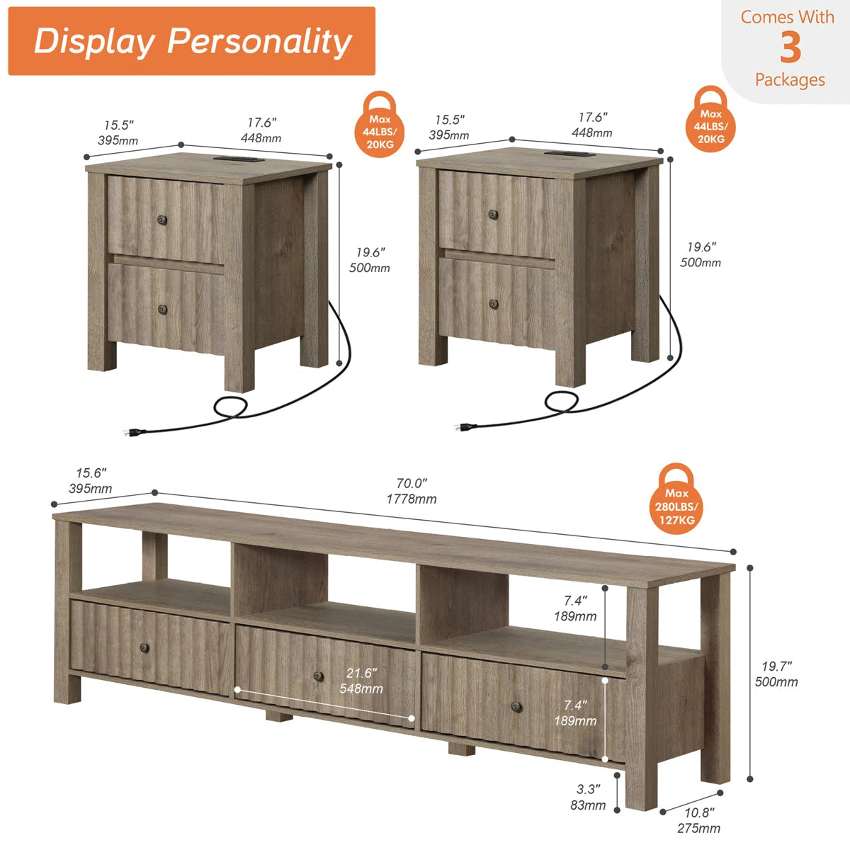 tv panel: 70'' Wide Storage Credenza Set of 3 for Organization