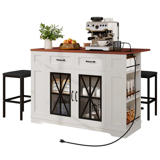 Kitchen Island Table: Large Portable Kitchen Island with Drop Leaf, Stools &amp; Power Outlet