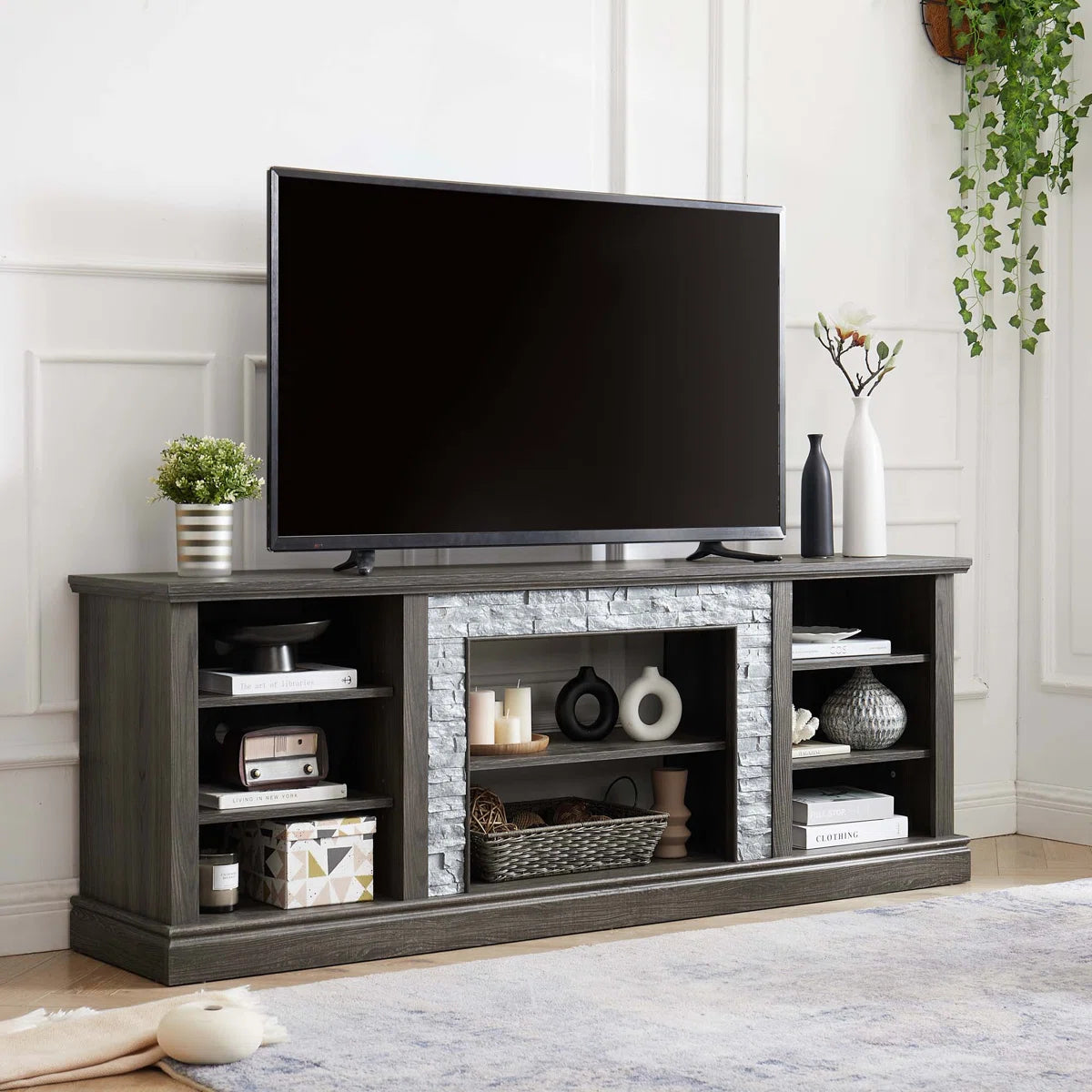 tv panel: Large tv panel TV Desk Storage Rack With Faux Stacked Stone Surround, Media Console Table With Large Storage Cabinet, Modern TV Media