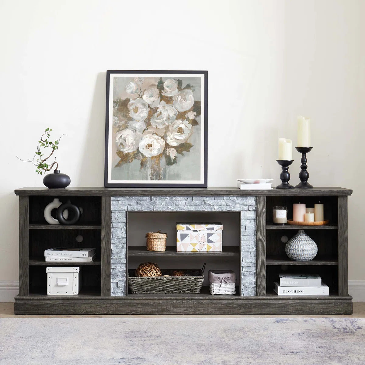 tv panel: Large tv panel TV Desk Storage Rack With Faux Stacked Stone Surround, Media Console Table With Large Storage Cabinet, Modern TV Media