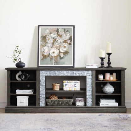 tv panel: Large tv panel TV Desk Storage Rack With Faux Stacked Stone Surround, Media Console Table With Large Storage Cabinet, Modern TV Media