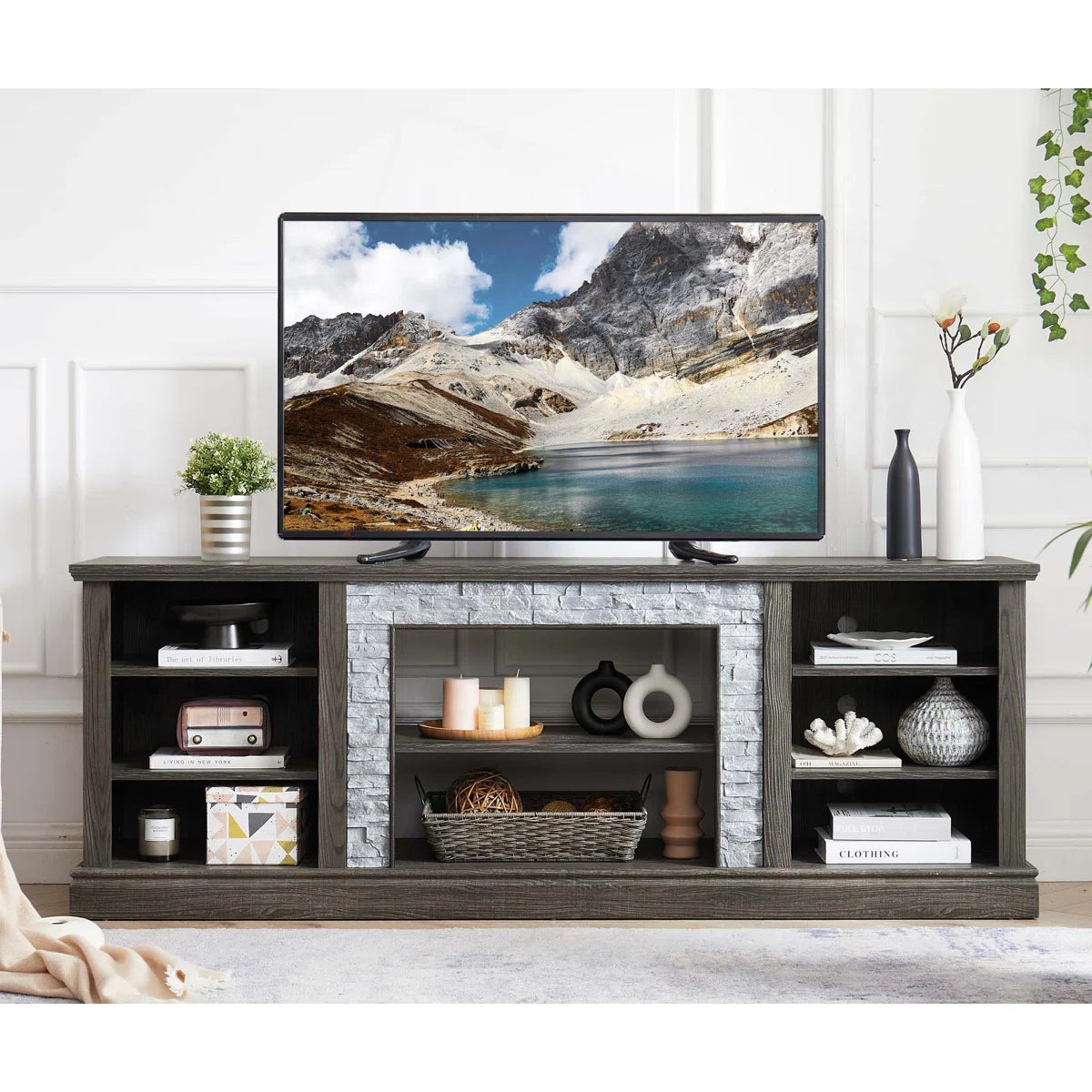 tv panel: Large tv panel TV Desk Storage Rack With Faux Stacked Stone Surround, Media Console Table With Large Storage Cabinet, Modern TV Media