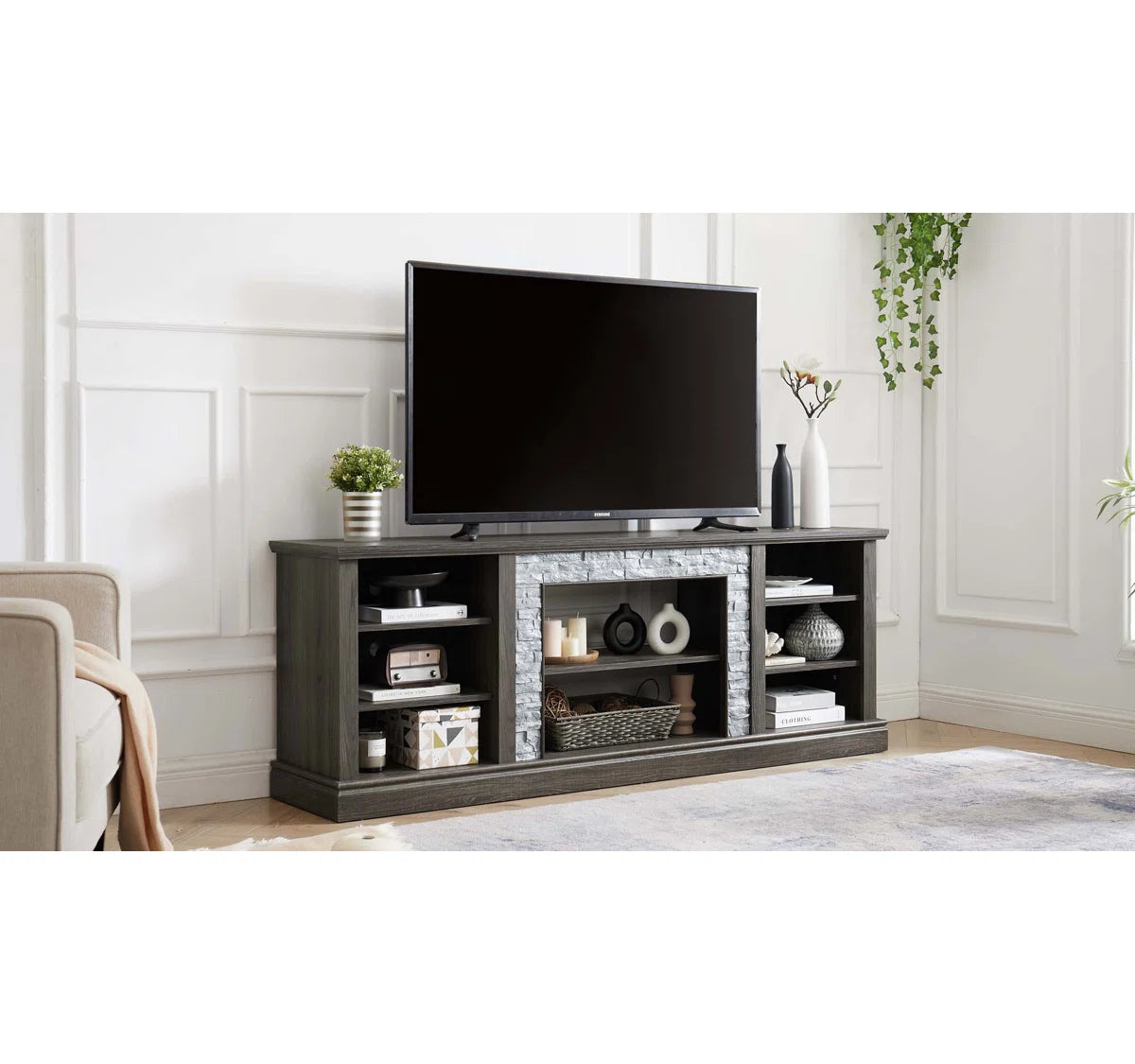 tv panel: Large tv panel TV Desk Storage Rack With Faux Stacked Stone Surround, Media Console Table With Large Storage Cabinet, Modern TV Media