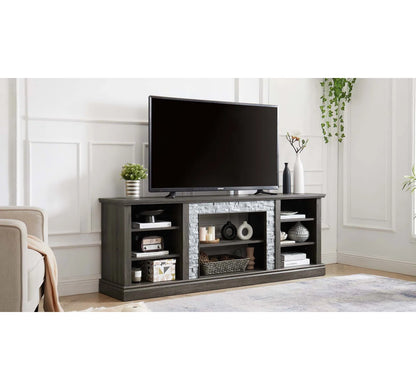 tv panel: Large tv panel TV Desk Storage Rack With Faux Stacked Stone Surround, Media Console Table With Large Storage Cabinet, Modern TV Media