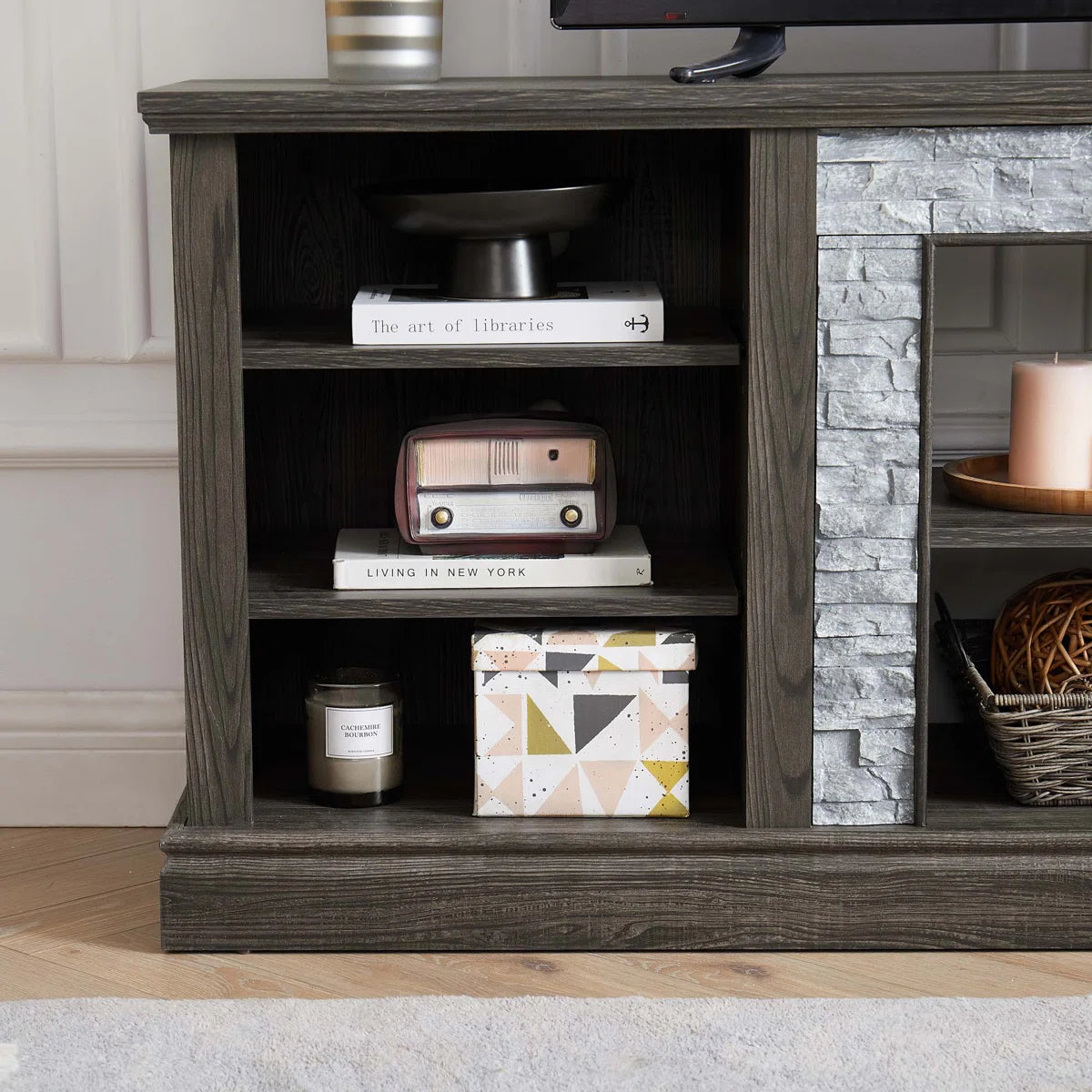 tv panel: Large tv panel TV Desk Storage Rack With Faux Stacked Stone Surround, Media Console Table With Large Storage Cabinet, Modern TV Media