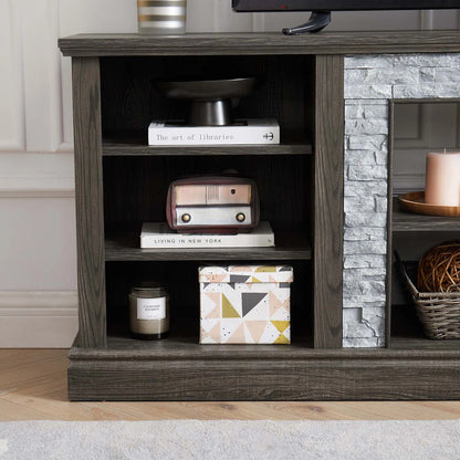 tv panel: Large tv panel TV Desk Storage Rack With Faux Stacked Stone Surround, Media Console Table With Large Storage Cabinet, Modern TV Media