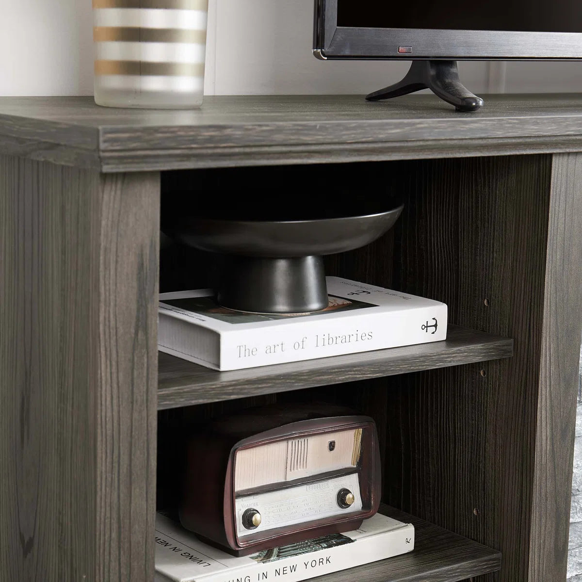 tv panel: Large tv panel TV Desk Storage Rack With Faux Stacked Stone Surround, Media Console Table With Large Storage Cabinet, Modern TV Media