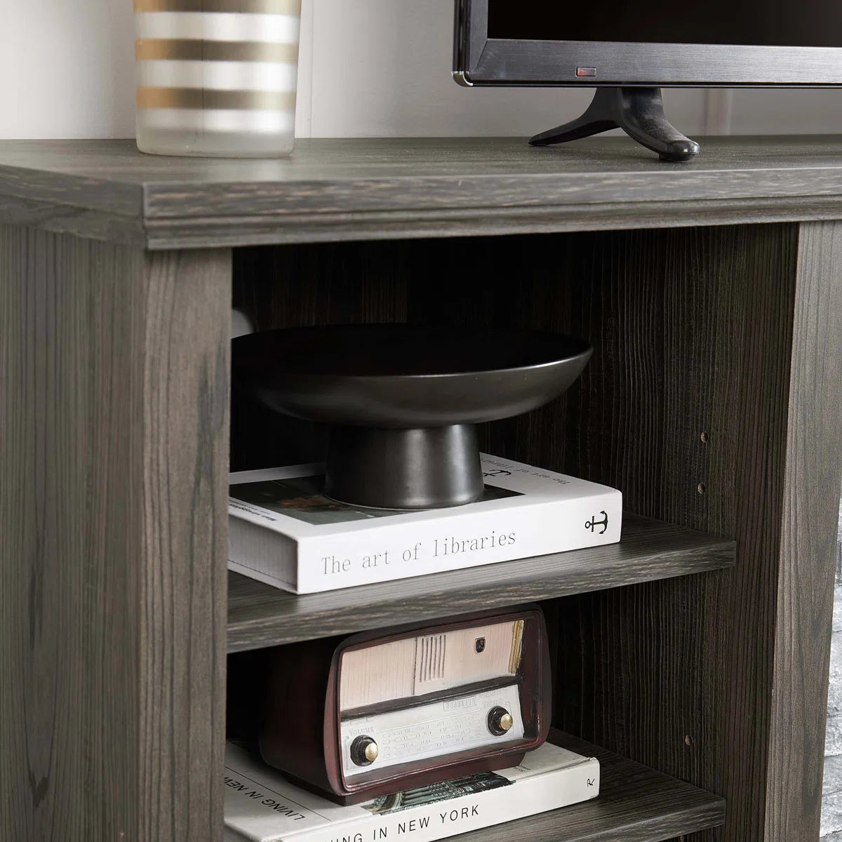 tv panel: Large tv panel TV Desk Storage Rack With Faux Stacked Stone Surround, Media Console Table With Large Storage Cabinet, Modern TV Media