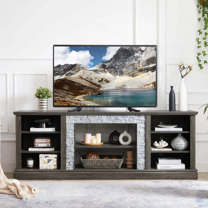 tv panel: Large tv panel TV Desk Storage Rack With Faux Stacked Stone Surround, Media Console Table With Large Storage Cabinet, Modern TV Media