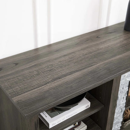 tv panel: Large tv panel TV Desk Storage Rack With Faux Stacked Stone Surround, Media Console Table With Large Storage Cabinet, Modern TV Media