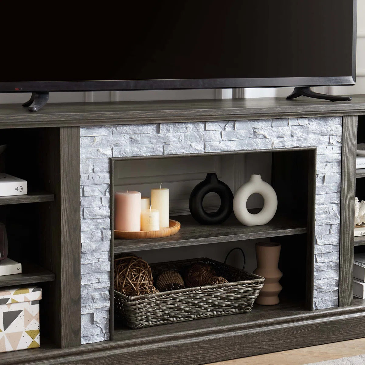 tv panel: Large tv panel TV Desk Storage Rack With Faux Stacked Stone Surround, Media Console Table With Large Storage Cabinet, Modern TV Media