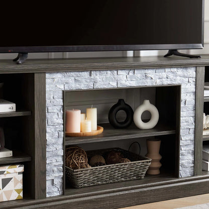 tv panel: Large tv panel TV Desk Storage Rack With Faux Stacked Stone Surround, Media Console Table With Large Storage Cabinet, Modern TV Media