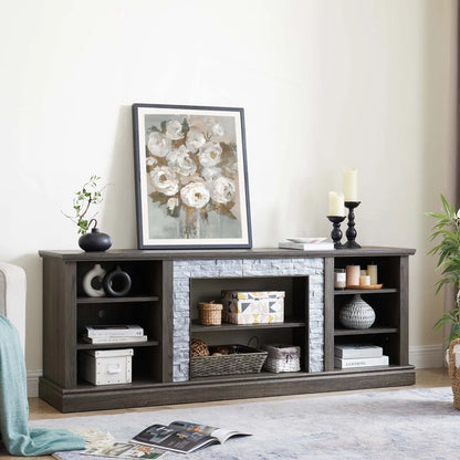 tv panel: Large tv panel TV Desk Storage Rack With Faux Stacked Stone Surround, Media Console Table With Large Storage Cabinet, Modern TV Media